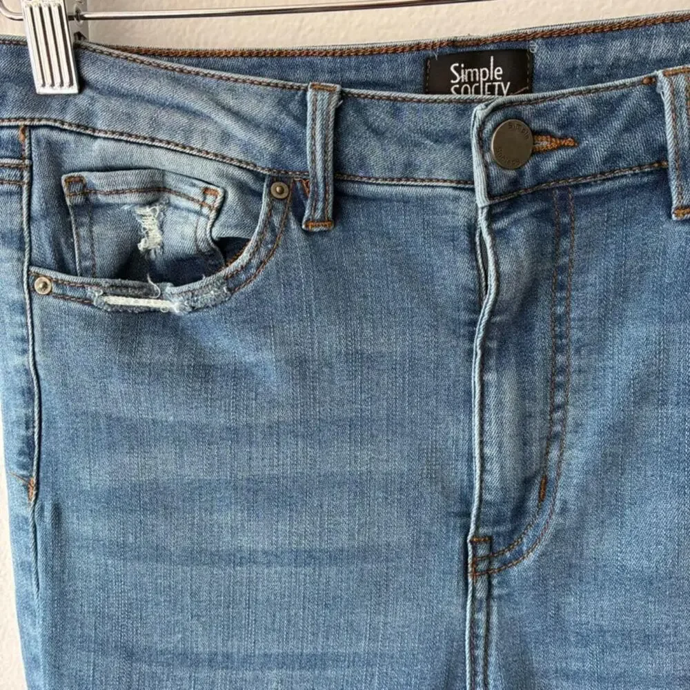 Simple Society Sneak Flare Jeans Women Size 9 Blue Distressed Knee High Rise Y2K - Picture 6 of 8